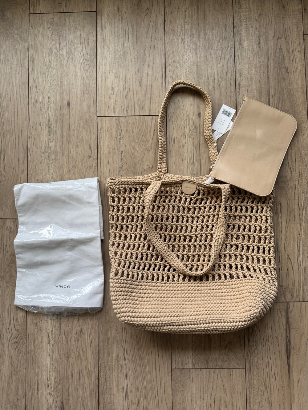 Vince Barcelona Cotton Crochet Large Tote Detachable Zippered Pouch Maiz NWT